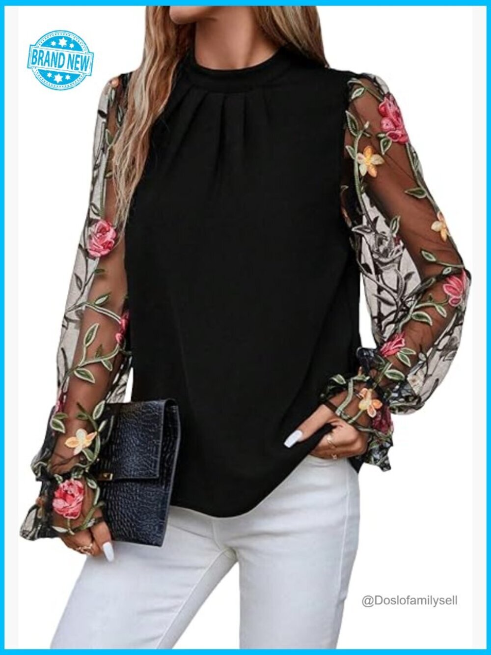 Floral Embroidery Mesh Mock Neck Flare Long Sleeve Blouse Top Y2K Chic